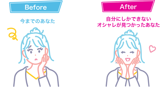 Before:今までのあなた　After:自分にしかできないオシャレが見つかったあなた