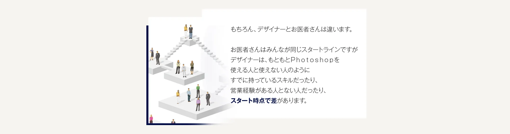 もちろん、デザイナーとお医者さんは違います。お医者さんはみんなが同じスタートラインですがデザイナーは、もともとＰｈｏｔｏｓｈｏｐを使える人と使えない人のようにすでに持っているスキルだったり、営業経験がある人とない人だったり、スタート時点で差があります。
