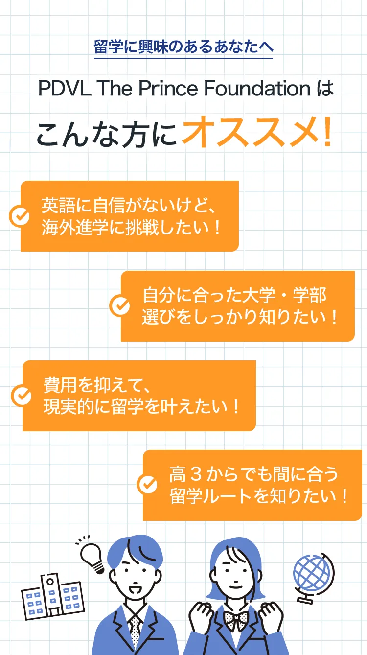 こんな悩みありませんか？英語力に自信がない。どの大学を選べばいいか分からない。留学費用が高すぎる。高校３年からの準備じゃ遅い？